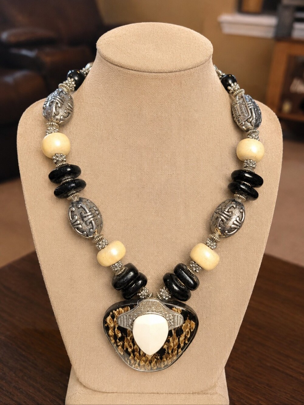 Anthony Alexander Tribal Beaded Statement Necklace Wood Silver Tone Pendant